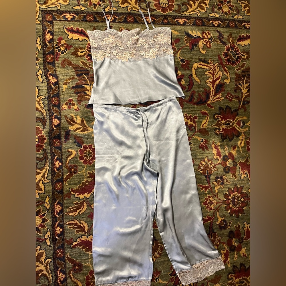Elegant Lace Trim Silk Pajama Set. So soft and cozy!